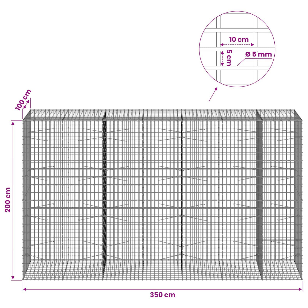 Γκαμπιόν με σύρμα 5 mm και πλέγμα 5x10 cm 350x100x200 εκ. - Pakobazaar