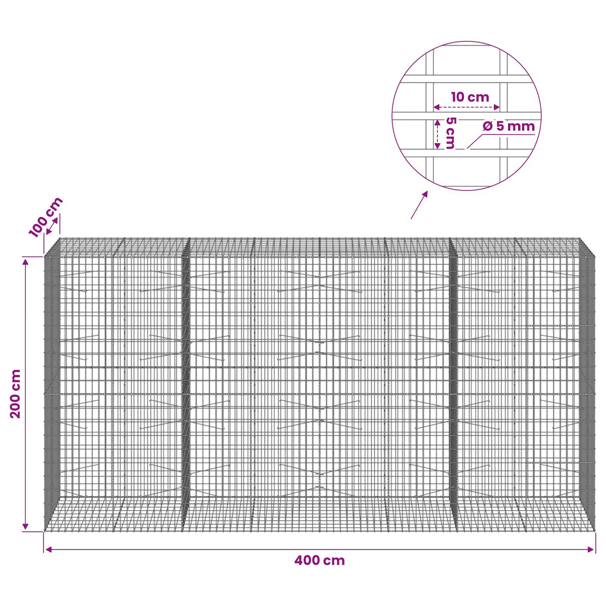 Γκαμπιόν με σύρμα 5 mm και πλέγμα 5x10 cm 400x100x200 εκ - Pakobazaar
