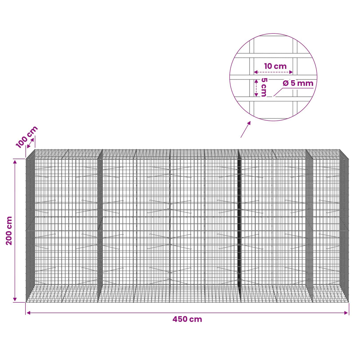 Γκαμπιόν με σύρμα 5 mm και πλέγμα 5x10 cm 450x100x200 εκ - Pakobazaar