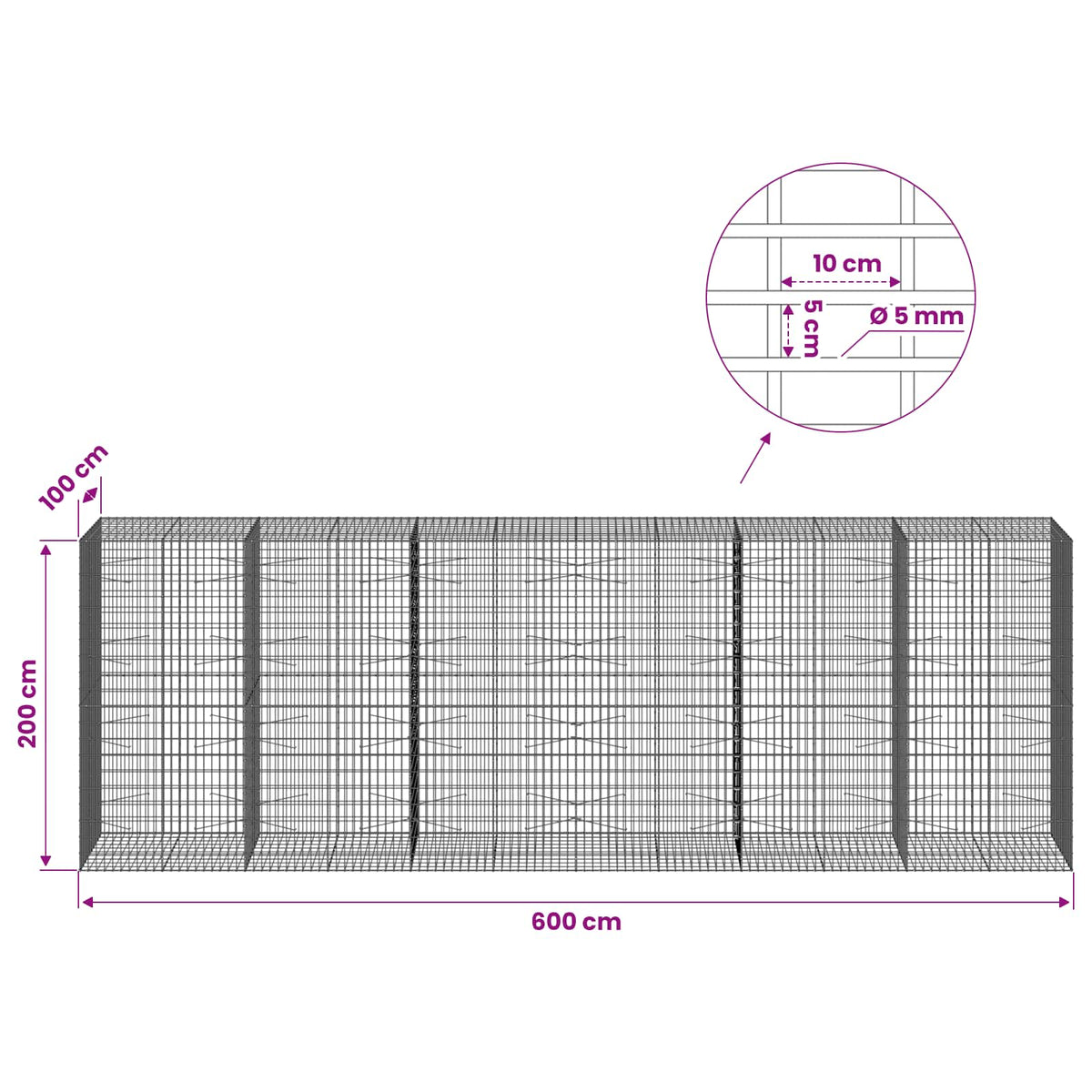 Γκαμπιόν με σύρμα 5 mm και πλέγμα 5x10 cm 600x100x200 εκ - Pakobazaar