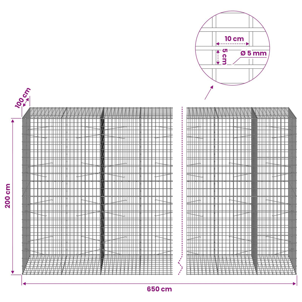 Γκαμπιόν με σύρμα 5 mm και πλέγμα 5x10 cm 650x100x200 εκ - Pakobazaar