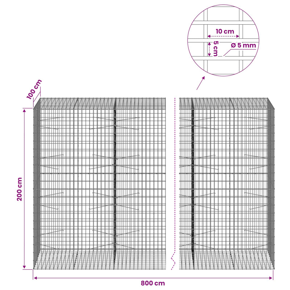 Γκαμπιόν με σύρμα 5 mm και πλέγμα 5x10 cm 800x100x200 εκ - Pakobazaar