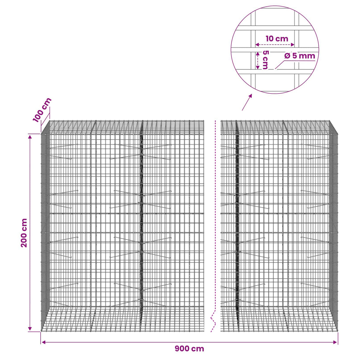Γκαμπιόν με σύρμα 5 mm και πλέγμα 5x10 cm 900x100x200 εκ - Pakobazaar