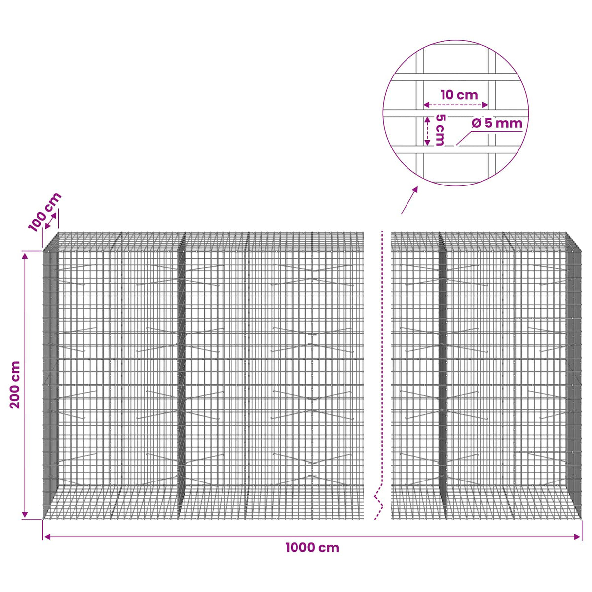 Γκαμπιόν με σύρμα 5 mm και πλέγμα 5x10 cm 1000x100x200 εκ - Pakobazaar