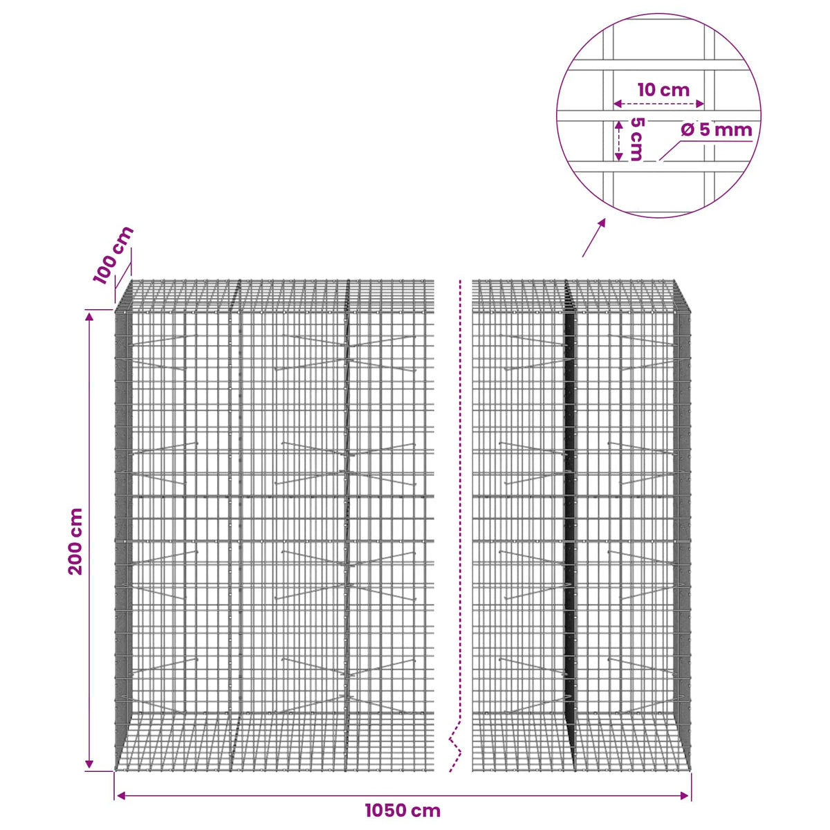 Γκαμπιόν με σύρμα 5 mm και πλέγμα 5x10 cm 1050x100x200 εκ. - Pakobazaar