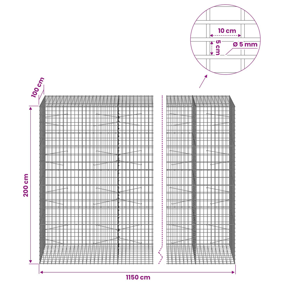 Γκαμπιόν με σύρμα 5 mm και πλέγμα 5x10 cm 1150x100x200 εκ