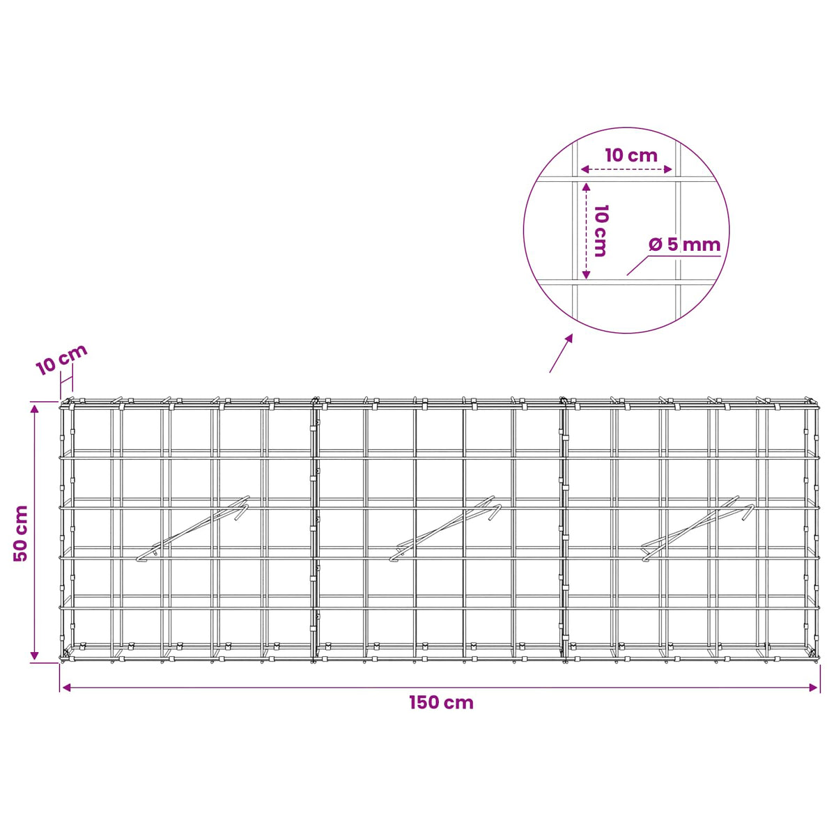 Γκαμπιόν με σύρμα 5 mm και πλέγμα 10x10 cm 150x10x50 εκ - Pakobazaar