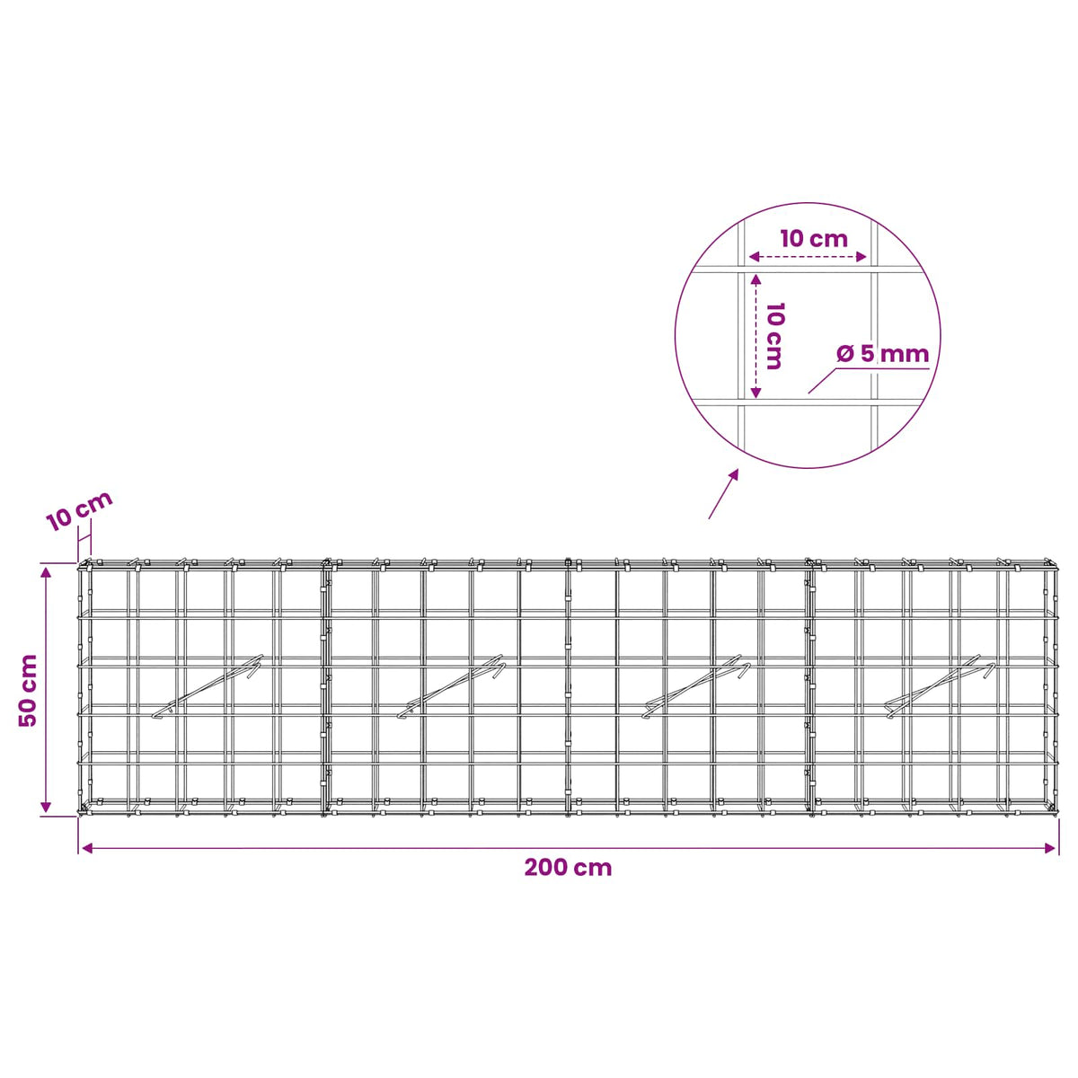 Γκαμπιόν με σύρμα 5 mm και πλέγμα 10x10 cm 200x10x50 εκ - Pakobazaar