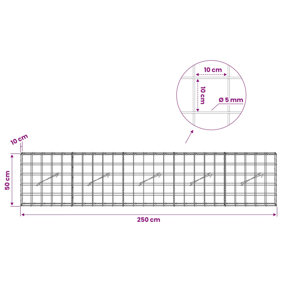 Γκαμπιόν με σύρμα 5 mm και πλέγμα 10x10 cm 250x10x50 εκ - Pakobazaar