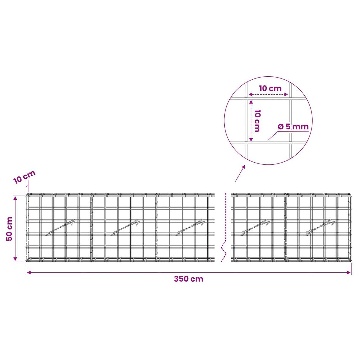Γκαμπιόν με σύρμα 5 mm και πλέγμα 10x10 cm 350x10x50 εκ - Pakobazaar