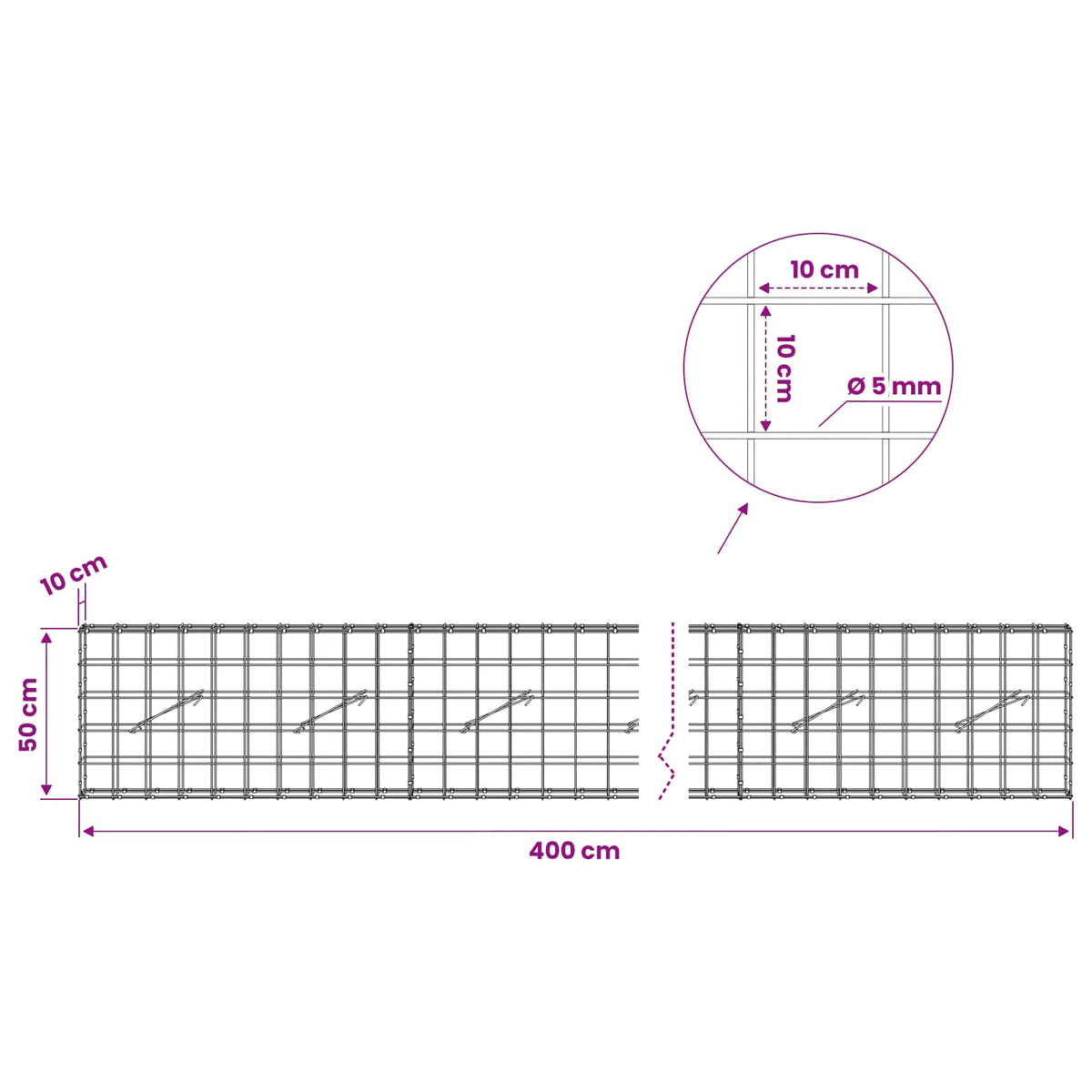 Γκαμπιόν με σύρμα 5 mm και πλέγμα 10x10 cm 400x10x50 εκ - Pakobazaar