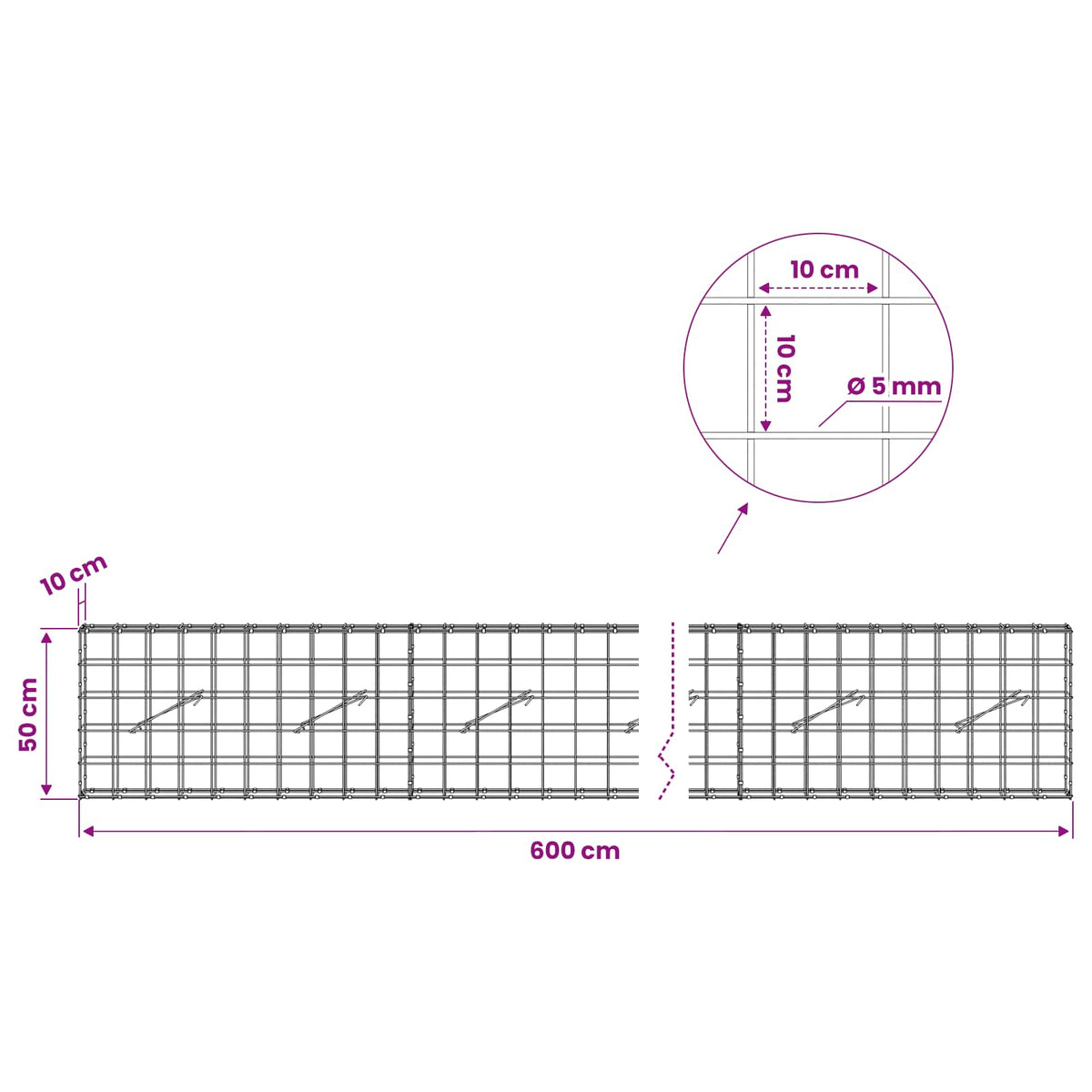 Γκαμπιόν με σύρμα 5 mm και πλέγμα 10x10 cm 600x10x50 εκ