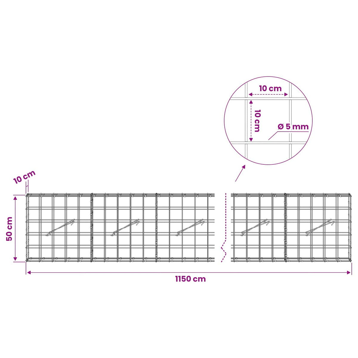 Γκαμπιόν με σύρμα 5 mm και πλέγμα 10x10 cm 1150x10x50 εκ - Pakobazaar