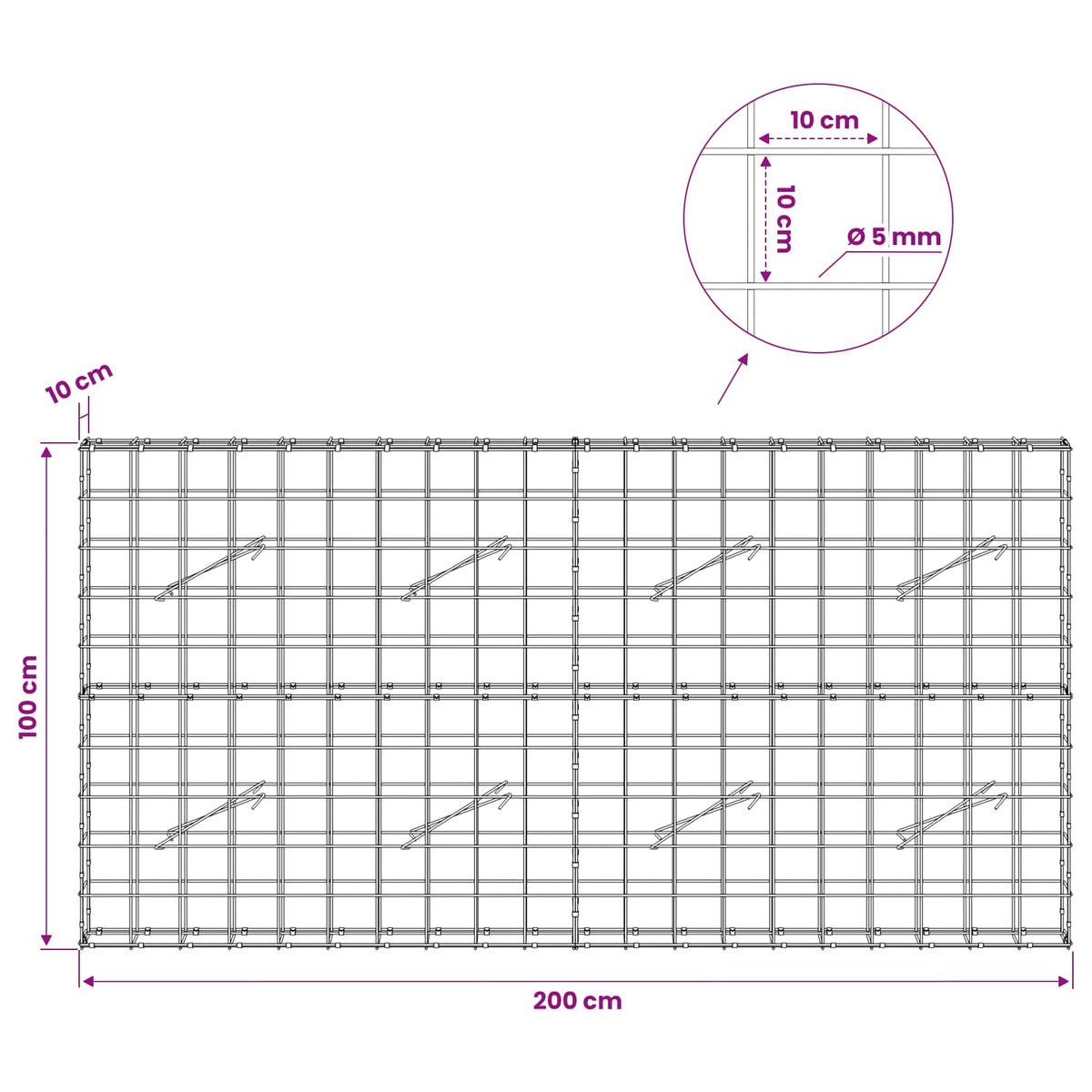 Γκαμπιόν με σύρμα 5 mm και πλέγμα 10x10 cm 200x10x100 εκ - Pakobazaar