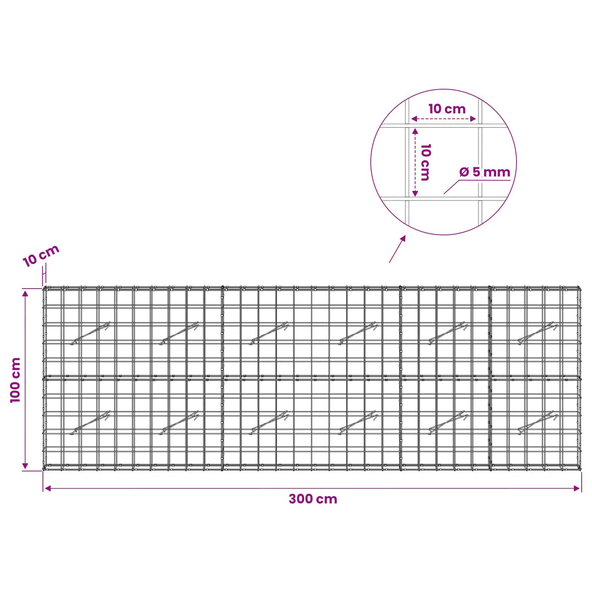 Γκαμπιόν με σύρμα 5 mm και πλέγμα 10x10 cm 300x10x100 εκ