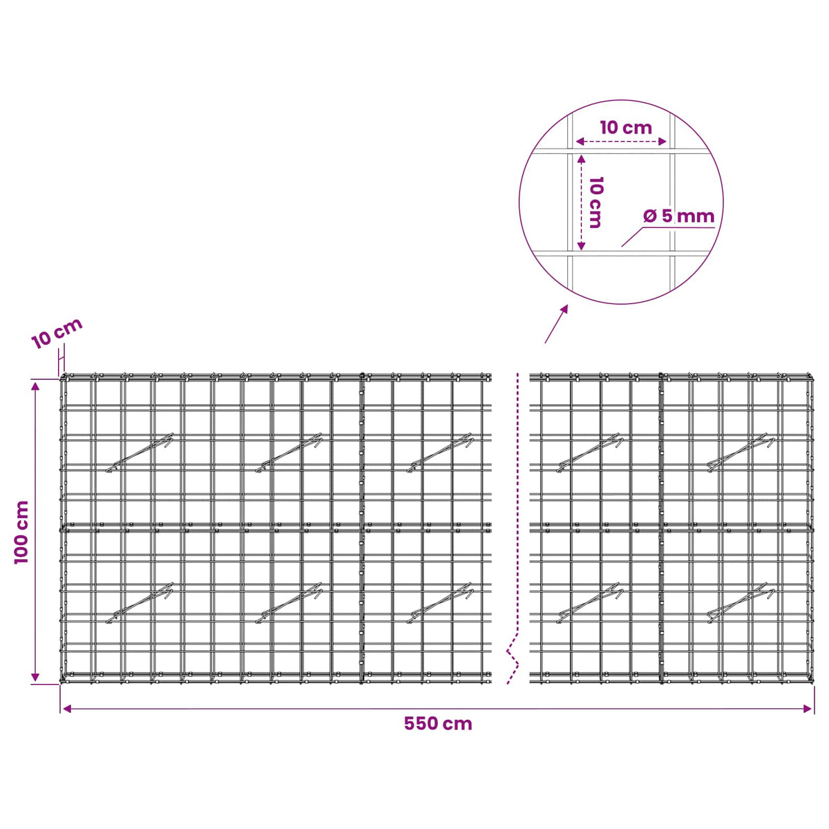 Γκαμπιόν με σύρμα 5 mm και πλέγμα 10x10 cm 550x10x100 εκ - Pakobazaar