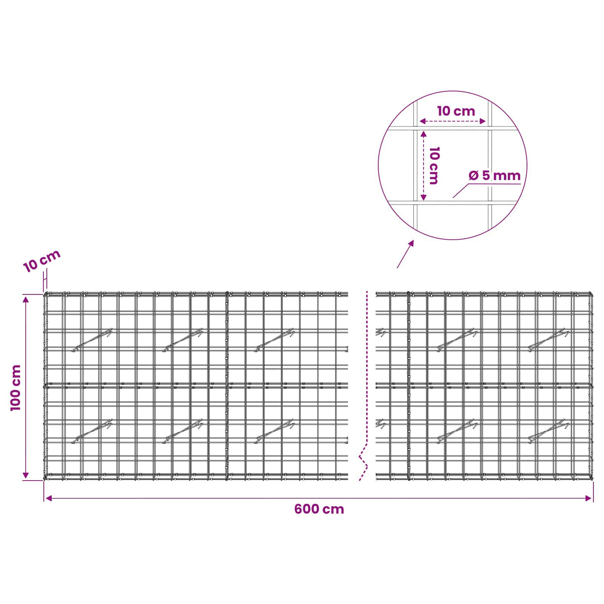 Γκαμπιόν με σύρμα 5 mm και πλέγμα 10x10 cm 600x10x100 εκ - Pakobazaar