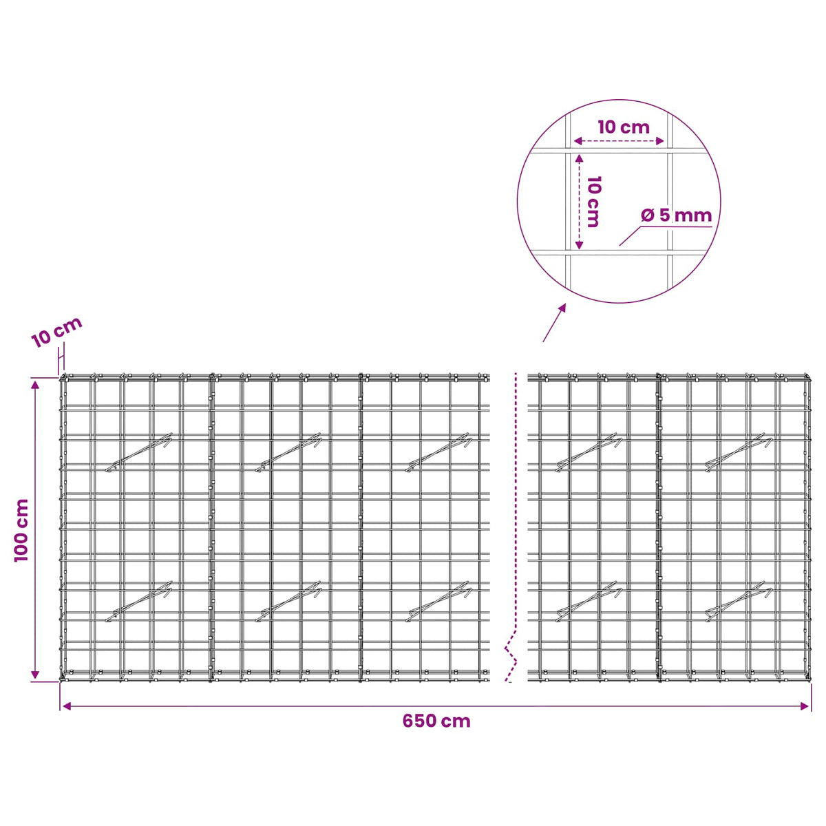 Γκαμπιόν με σύρμα 5 mm και πλέγμα 10x10 cm 650x10x100 εκ - Pakobazaar