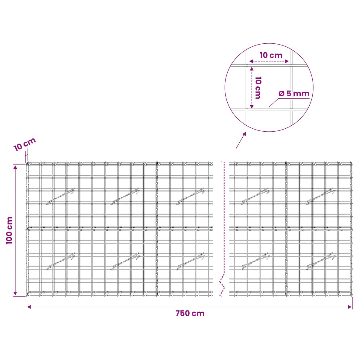 Γκαμπιόν με σύρμα 5 mm και πλέγμα 10x10 cm 750x10x100 εκ - Pakobazaar