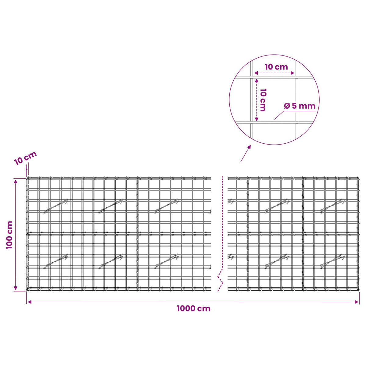 Γκαμπιόν με σύρμα 5 mm και πλέγμα 10x10 cm 1000x10x100 εκ. - Pakobazaar