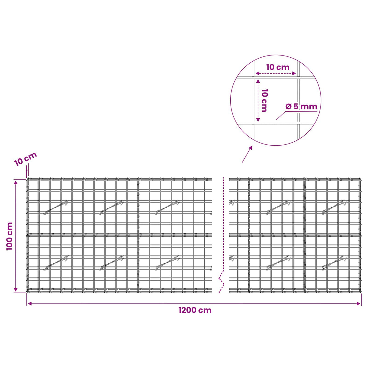 Γκαμπιόν με σύρμα 5 mm και πλέγμα 10x10 cm 1200x10x100 εκ. - Pakobazaar