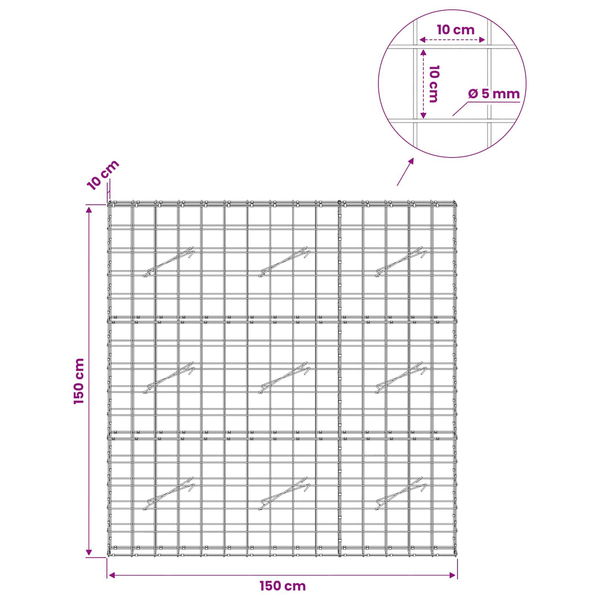 Γκαμπιόν με σύρμα 5 mm και πλέγμα 10x10 cm 150x10x150 εκ