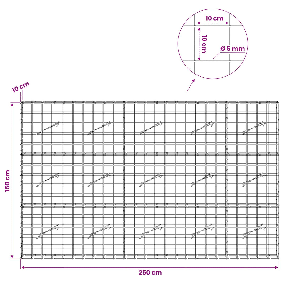 Γκαμπιόν με σύρμα 5 mm και πλέγμα 10x10 cm 250x10x150 εκ