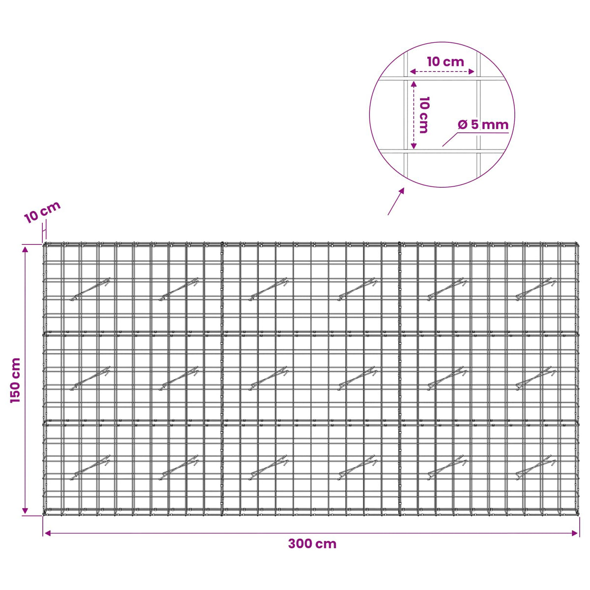Γκαμπιόν με σύρμα 5 mm και πλέγμα 10x10 cm 300x10x150 εκ - Pakobazaar