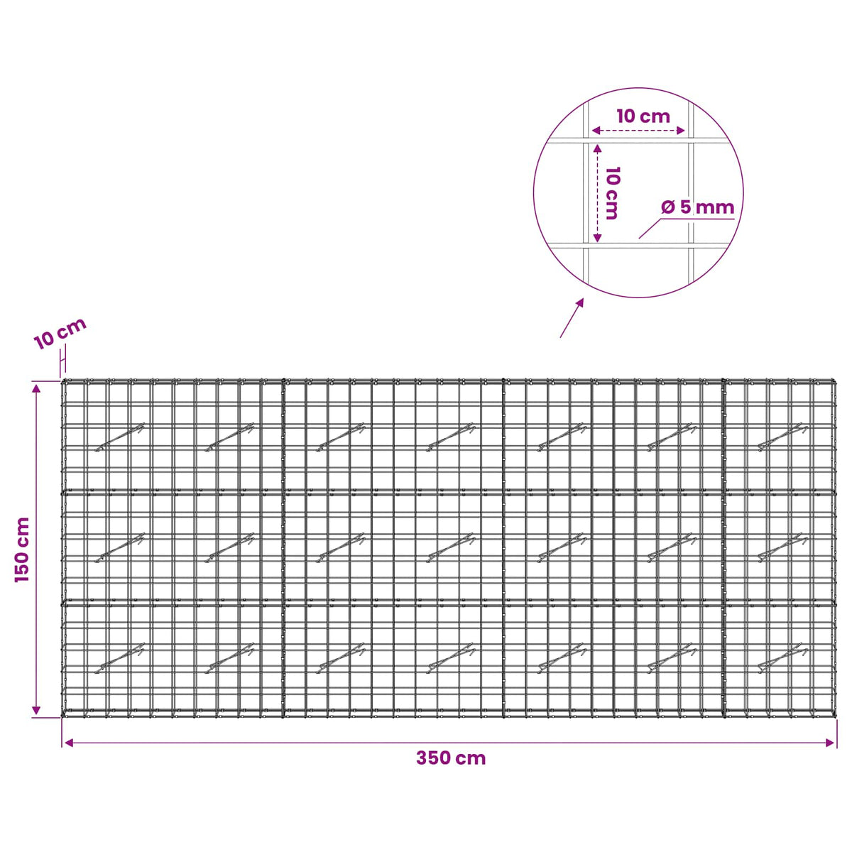 Γκαμπιόν με σύρμα 5 mm και πλέγμα 10x10 cm 350x10x150 εκ