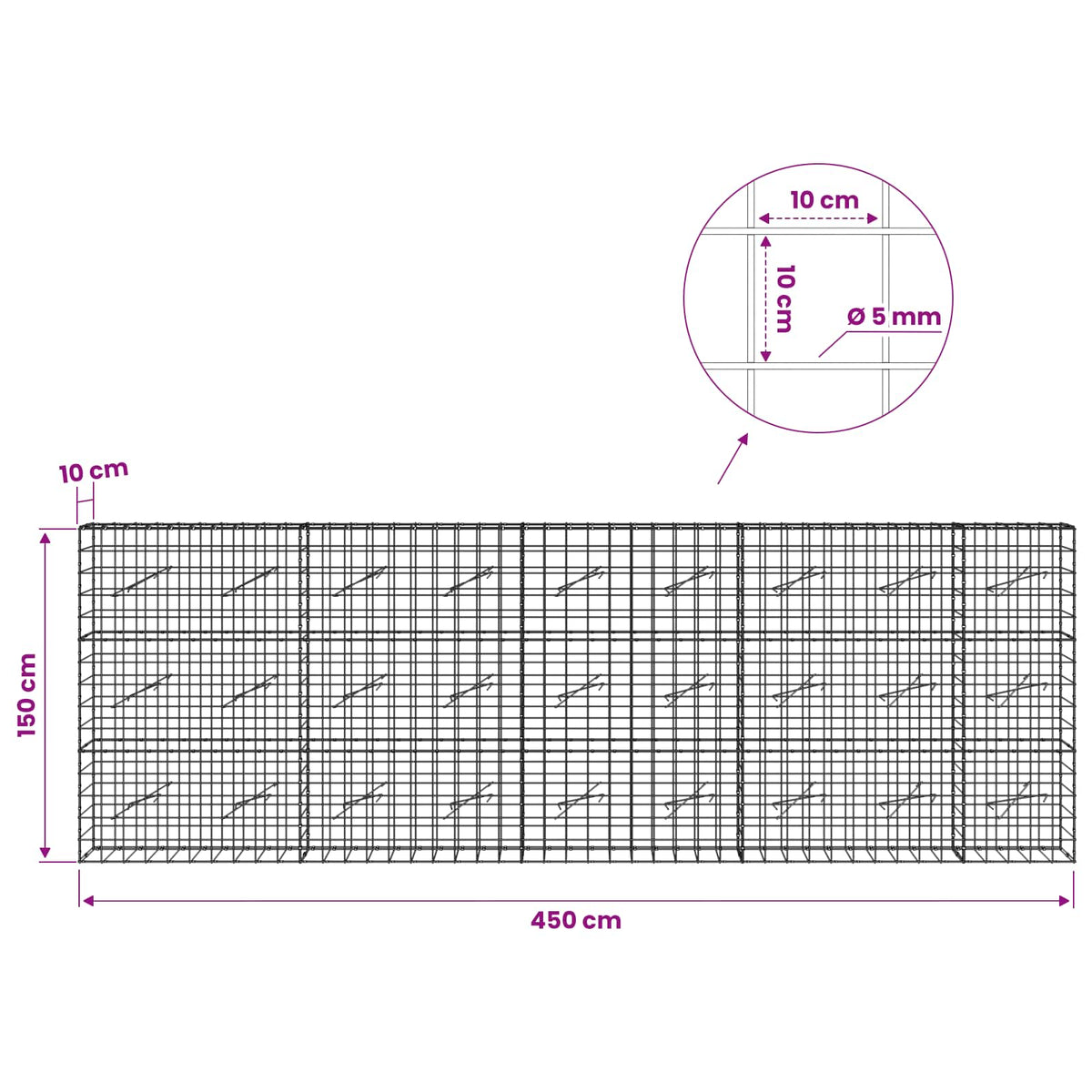 Γκαμπιόν με σύρμα 5 mm και πλέγμα 10x10 cm 450x10x150 εκ