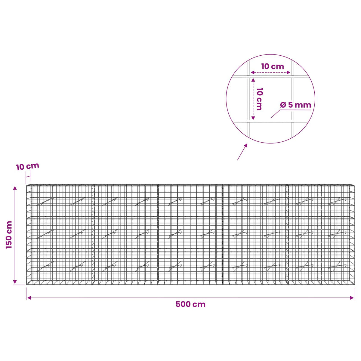 Γκαμπιόν με σύρμα 5 mm και πλέγμα 10x10 cm 500x10x150 εκ