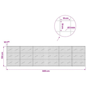 Γκαμπιόν με σύρμα 5 mm και πλέγμα 10x10 cm 600x10x150 εκ - Pakobazaar