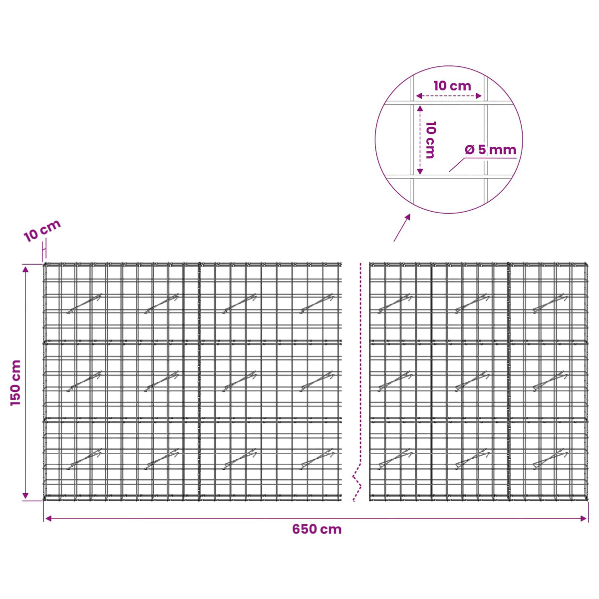 Γκαμπιόν με σύρμα 5 mm και πλέγμα 10x10 cm 650x10x150 εκ - Pakobazaar