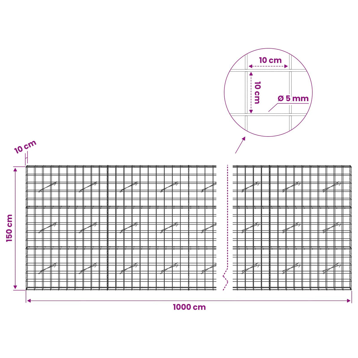 Γκαμπιόν με σύρμα 5 mm και πλέγμα 10x10 cm 1000x10x150 εκ - Pakobazaar