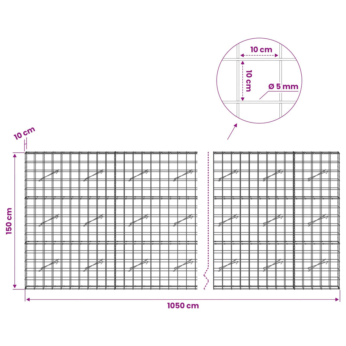Γκαμπιόν με σύρμα 5 mm και πλέγμα 10x10 cm 1050x10x150 εκ - Pakobazaar