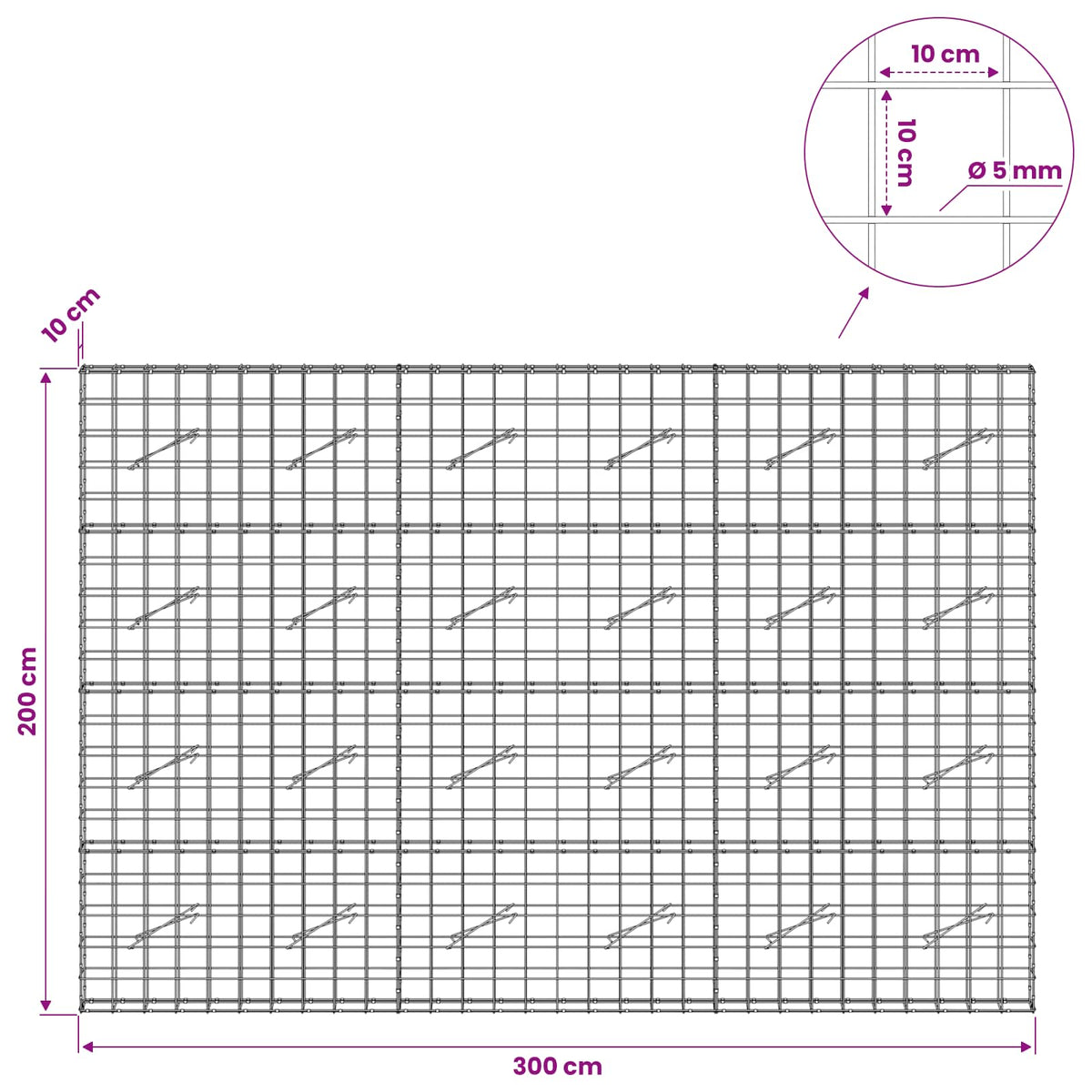 Γκαμπιόν με σύρμα 5 mm και πλέγμα 10x10 cm 300x10x200 εκ - Pakobazaar
