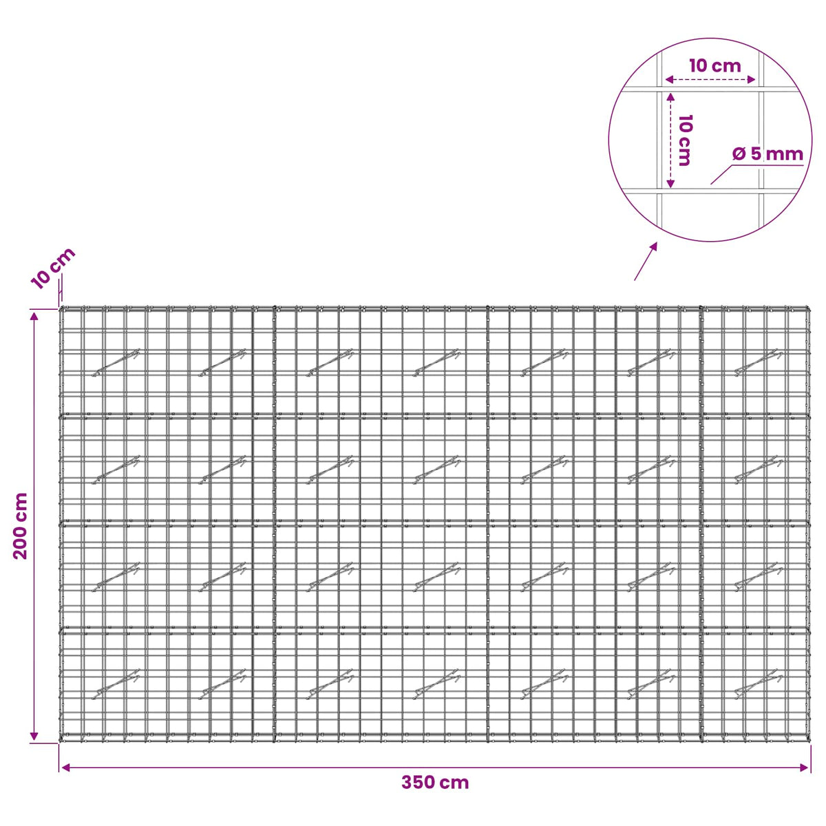 Γκαμπιόν με σύρμα 5 mm και πλέγμα 10x10 cm 350x10x200 εκ. - Pakobazaar