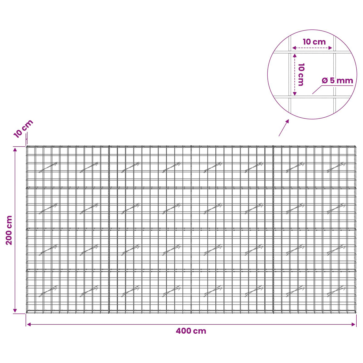 Γκαμπιόν με σύρμα 5 mm και πλέγμα 10x10 cm 400x10x200 εκ - Pakobazaar