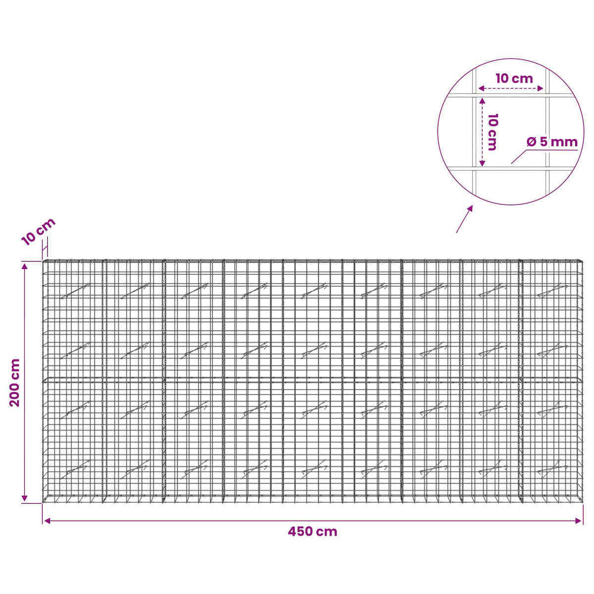 Γκαμπιόν με σύρμα 5 mm και πλέγμα 10x10 cm 450x10x200 εκ