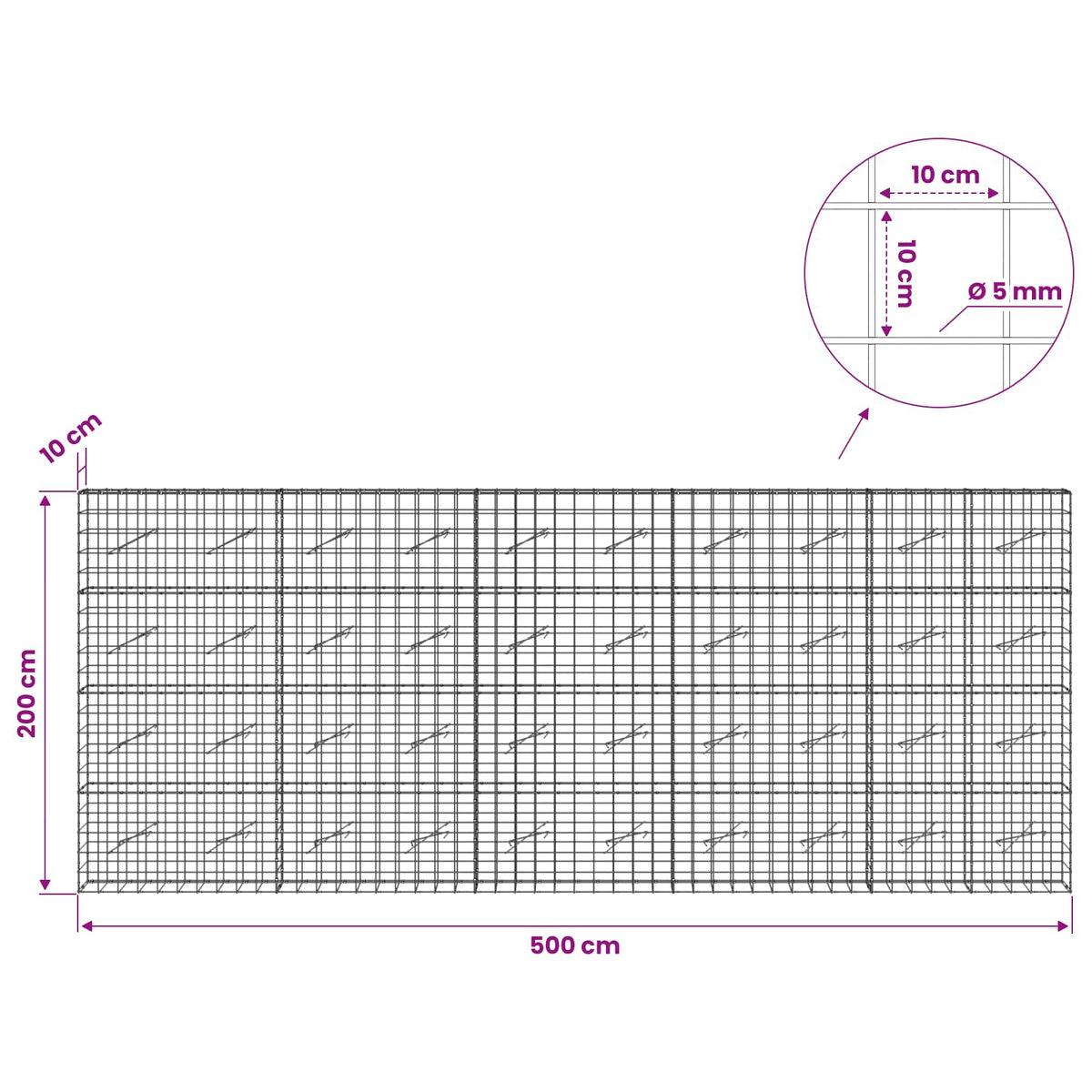 Γκαμπιόν με σύρμα 5 mm και πλέγμα 10x10 cm 500x10x200 εκ - Pakobazaar