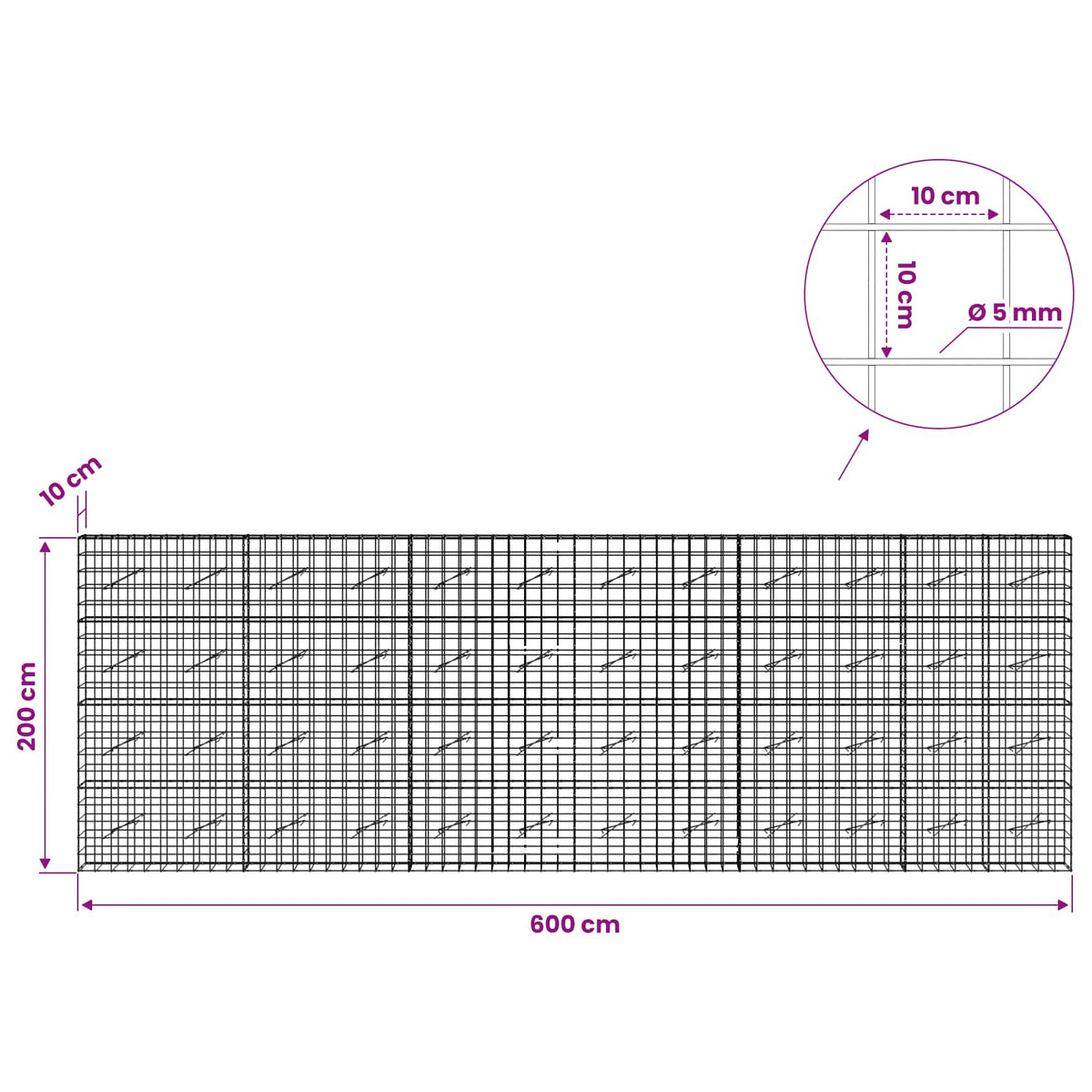 Γκαμπιόν με σύρμα 5 mm και πλέγμα 10x10 cm 600x10x200 εκ - Pakobazaar
