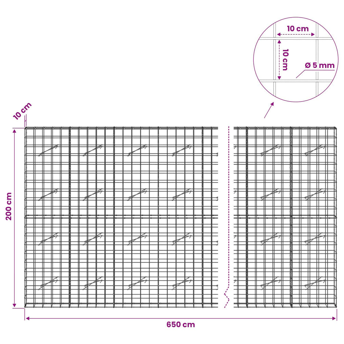 Γκαμπιόν με σύρμα 5 mm και πλέγμα 10x10 cm 650x10x200 εκ - Pakobazaar