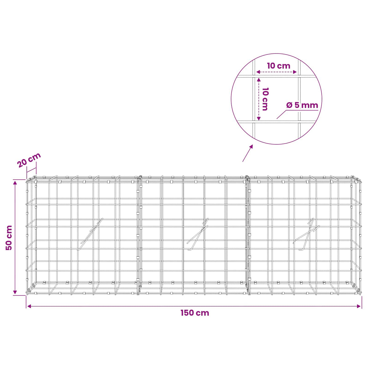 Γκαμπιόν με σύρμα 5 mm και πλέγμα 10x10 cm 150x20x50 εκ - Pakobazaar