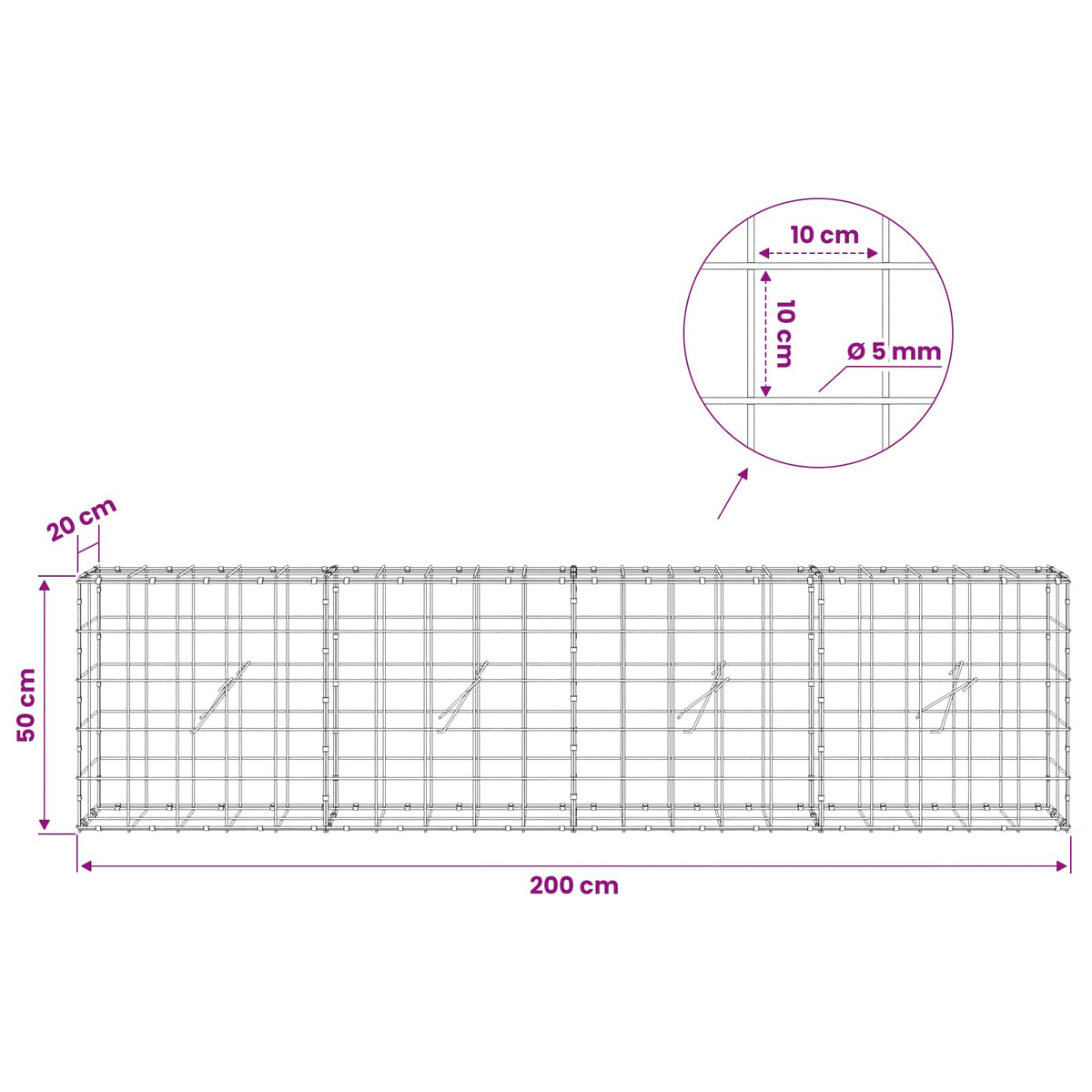 Γκαμπιόν με σύρμα 5 mm και πλέγμα 10x10 cm 200x20x50 εκ - Pakobazaar