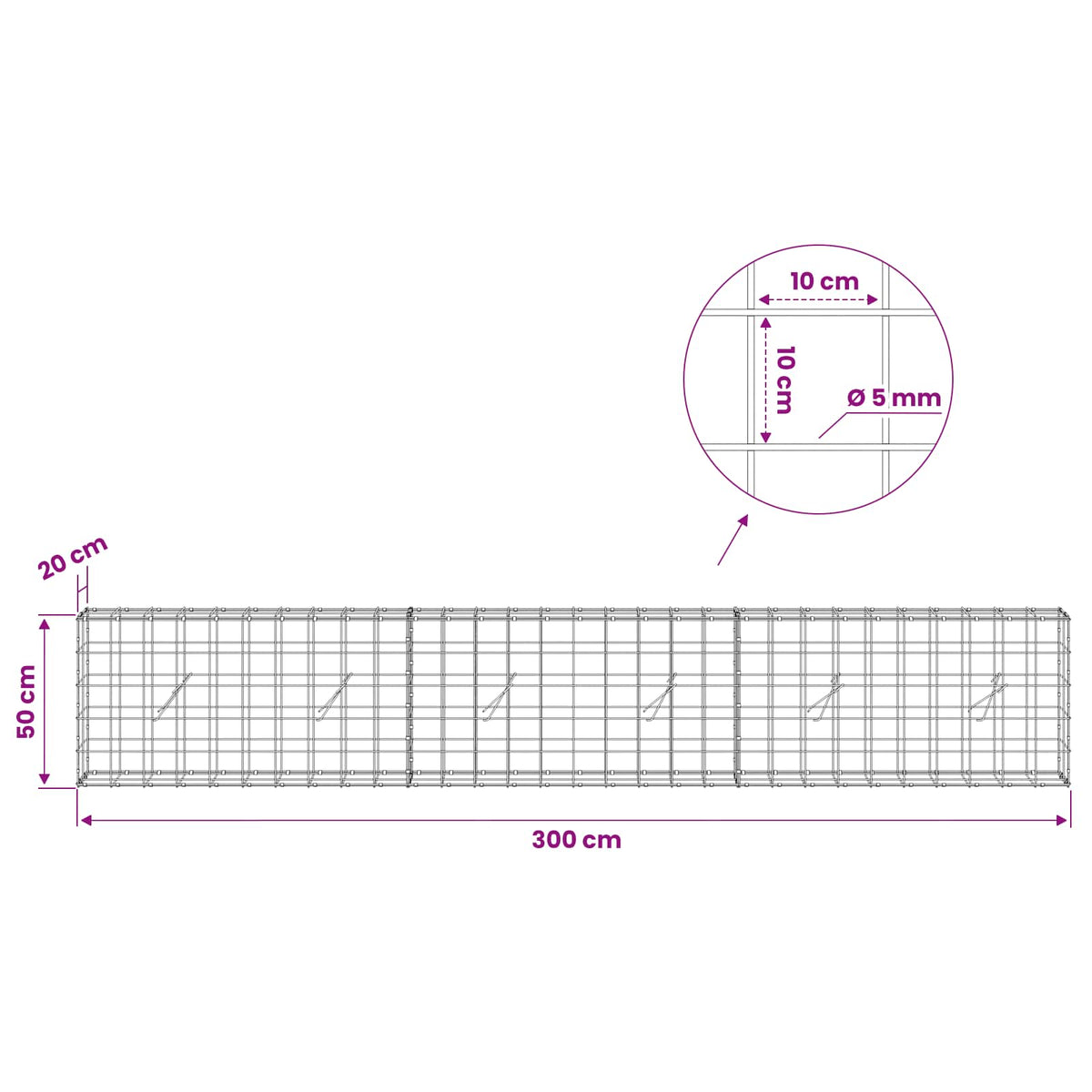 Γκαμπιόν με σύρμα 5 mm και πλέγμα 10x10 cm 300x20x50 εκ - Pakobazaar