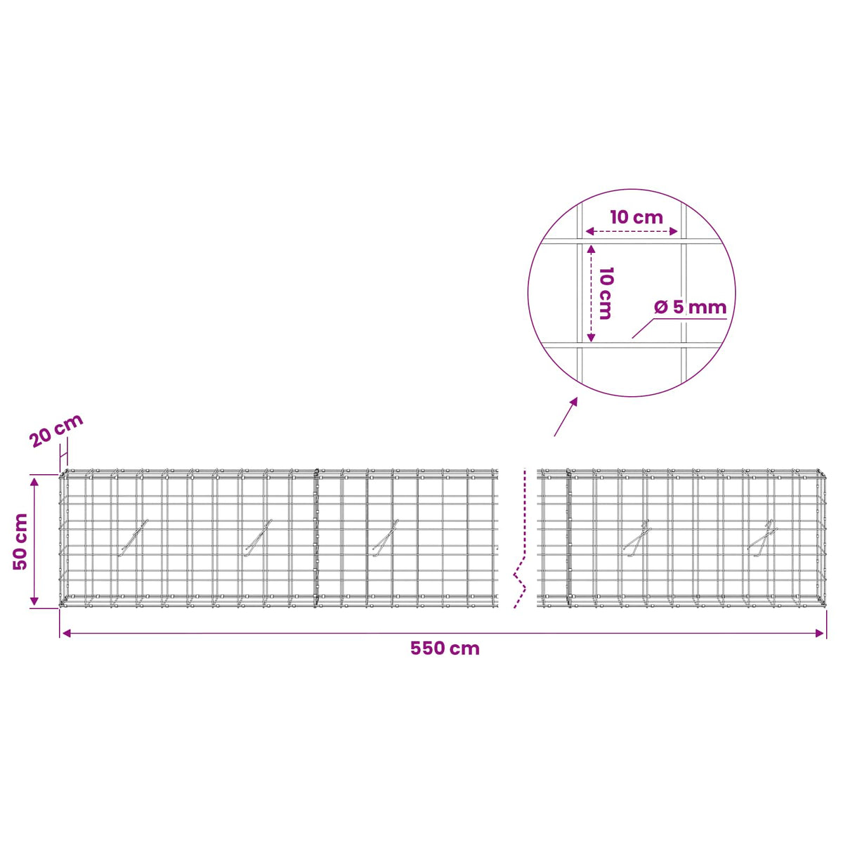 Γκαμπιόν με σύρμα 5 mm και πλέγμα 10x10 cm 550x20x50 εκ - Pakobazaar
