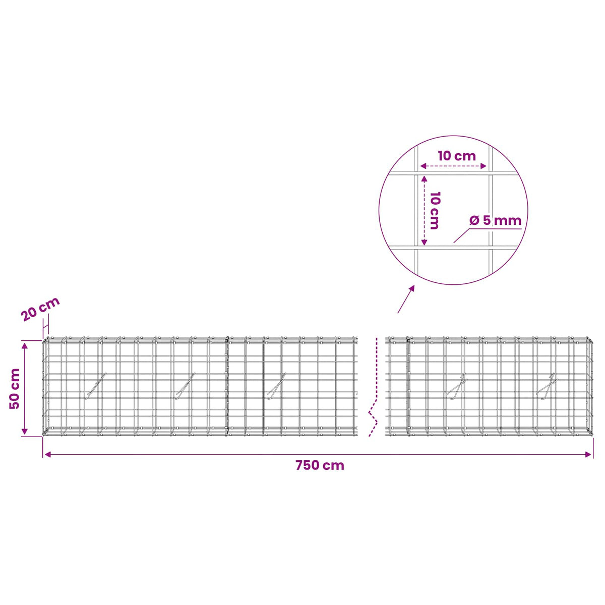 Γκαμπιόν με σύρμα 5 mm και πλέγμα 10x10 cm 750x20x50 εκ - Pakobazaar