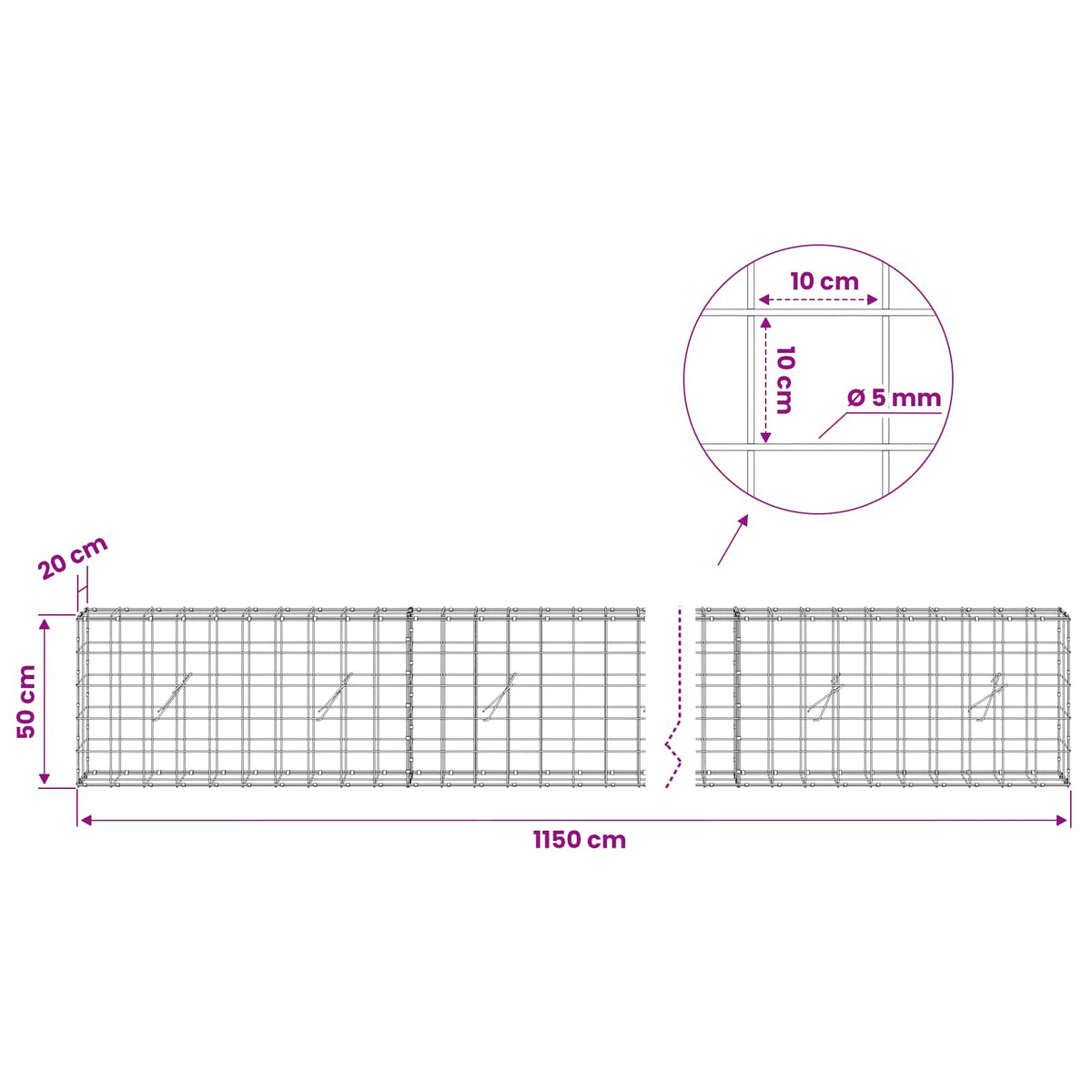Γκαμπιόν με σύρμα 5 mm και πλέγμα 10x10 cm 1150x20x50 εκ - Pakobazaar