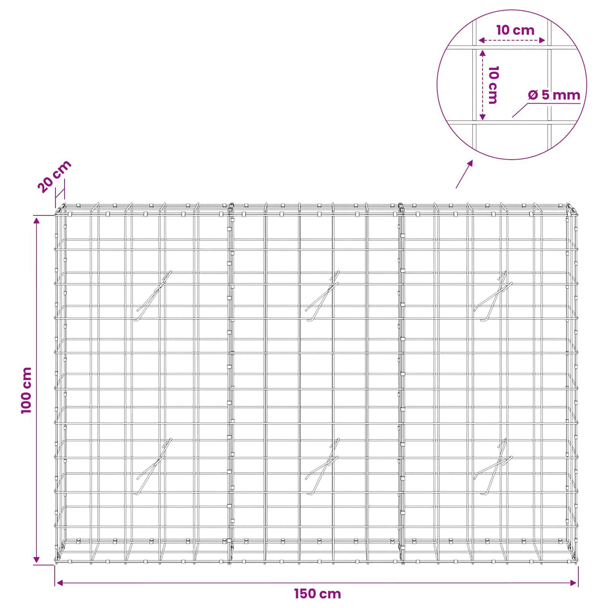 Γκαμπιόν με σύρμα 5 mm και πλέγμα 10x10 cm 150x20x100 εκ - Pakobazaar