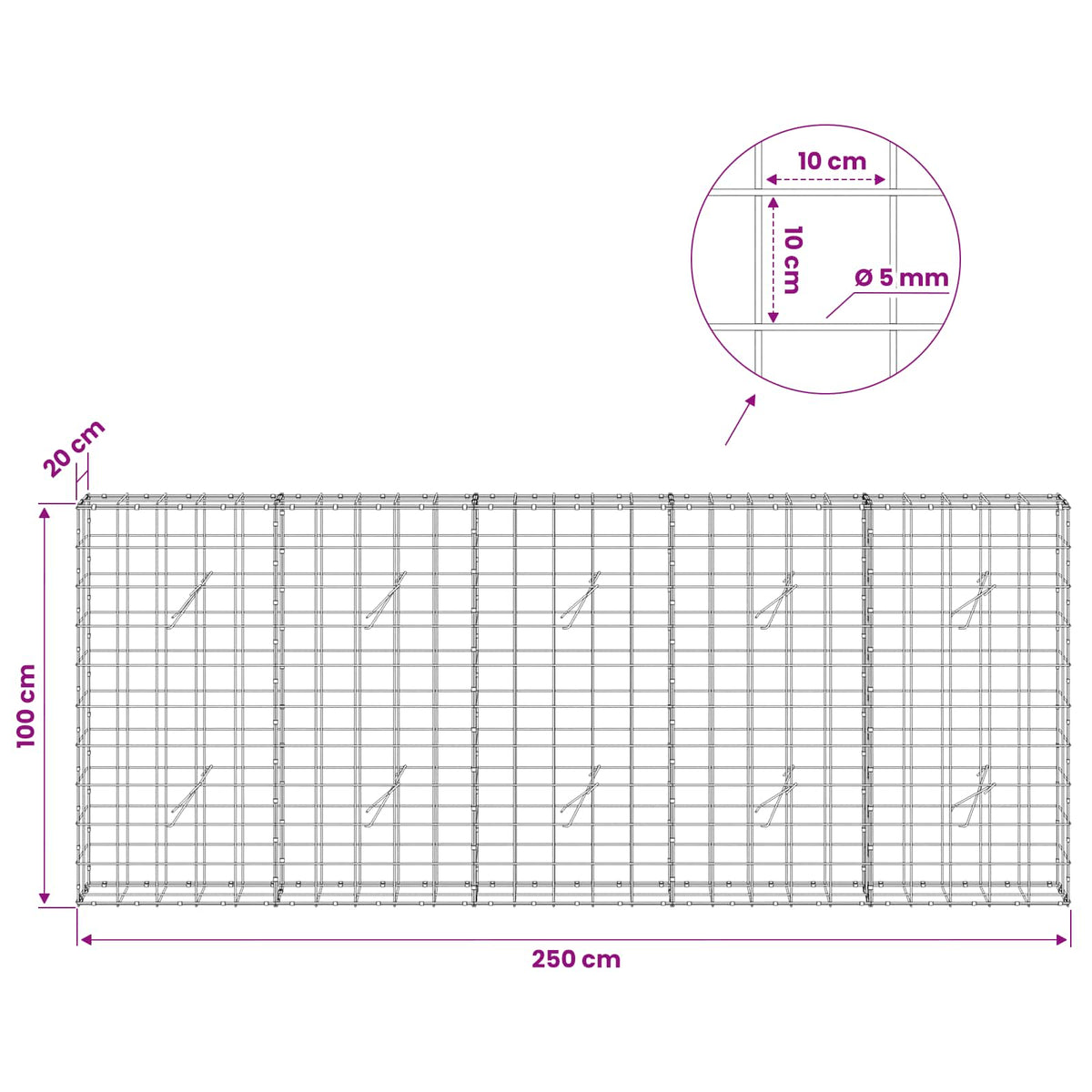 Γκαμπιόν με σύρμα 5 mm και πλέγμα 10x10 cm 250x20x100 εκ